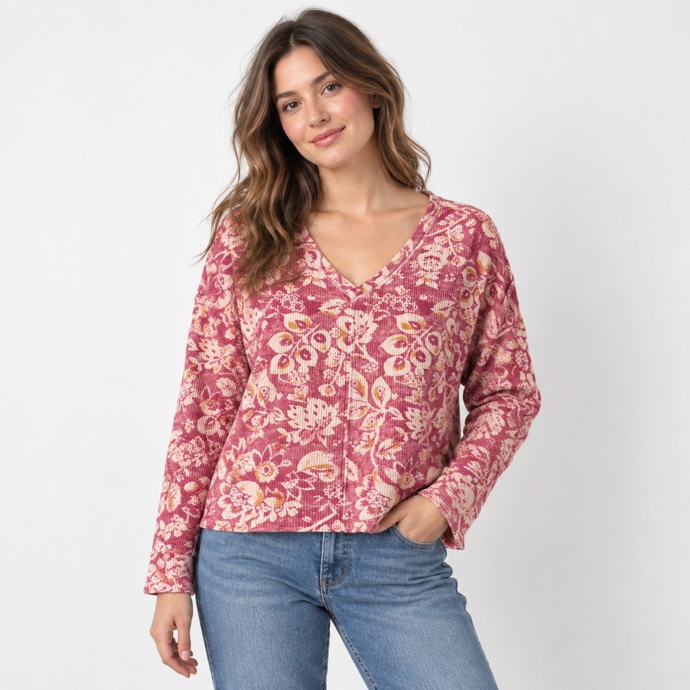Pilcro Anthropologie Moira Floral Waffle Knit Thermal V-Neck Top Large